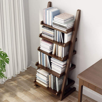 Modern Solid Wood 5-Tier Shelf Ladder Bookcase in Walnut-Bookcases & Bookshelves,Furniture,Office Furniture
